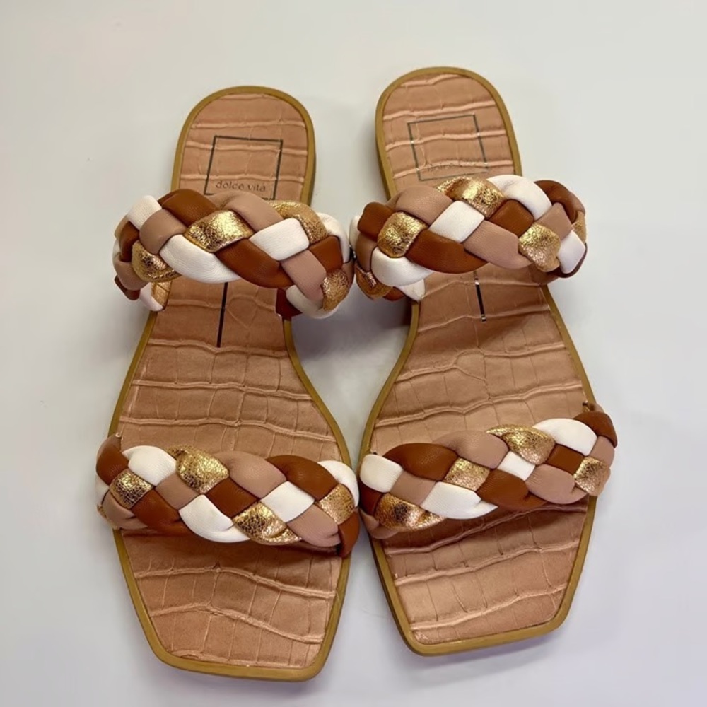 Dolce Vita Indy Braided Sandals in White, Tan, and Gold
